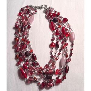 Vintage Mid-Century Multi-Strand Red & Pink Glass Bead Necklace EUC
